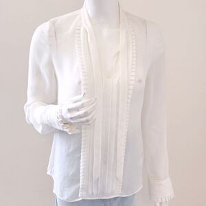 Frame Denim Ruffle Front Blouse w Tie Neck Details & Ruffle Cuffs